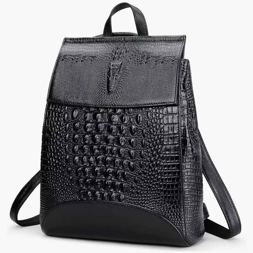 Elegant Black Crocodile-Embossed Backpack